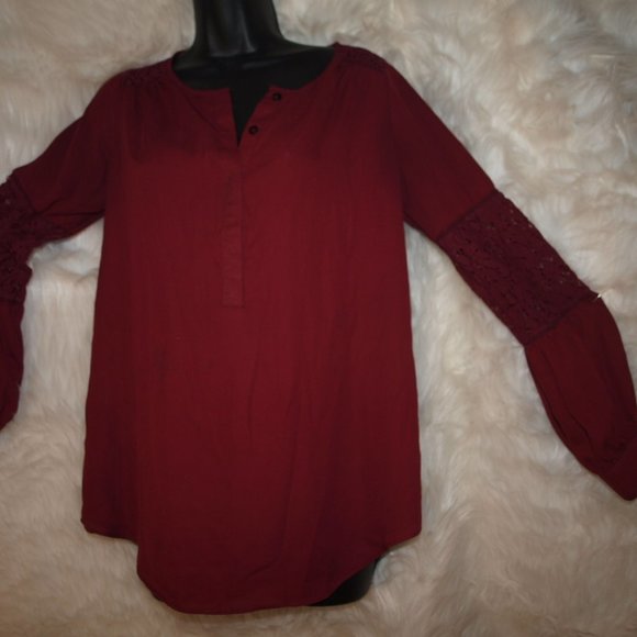 Valerie Stevens Tops - Burgundy Blouse w/ Lace Sleeves&Button-Down Front Size S BY VALERIE STEVENS